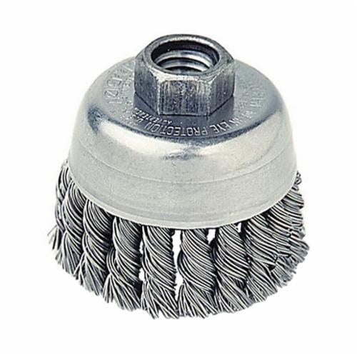 Weiler® 13286 Single Row Cup Brush, 2-3/4 in Dia Brush, 5/8-11 UNC Arbor Hole, 0.02 in Dia Filament/Wire, Standard/Twist Knot, Steel Fill